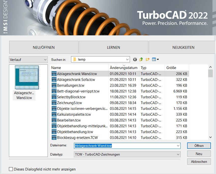TurboCAD 2D Begrüßungsbildschirm